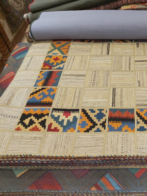 Cream Patchwork Kilim Rug – Handmade Wool Flatweave with Tribal Color Blocks