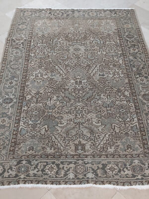 Vintage Distressed Persian Tribal Rug – Handmade Wool Carpet in Neutral Gray, Beige & Soft Earth Tones