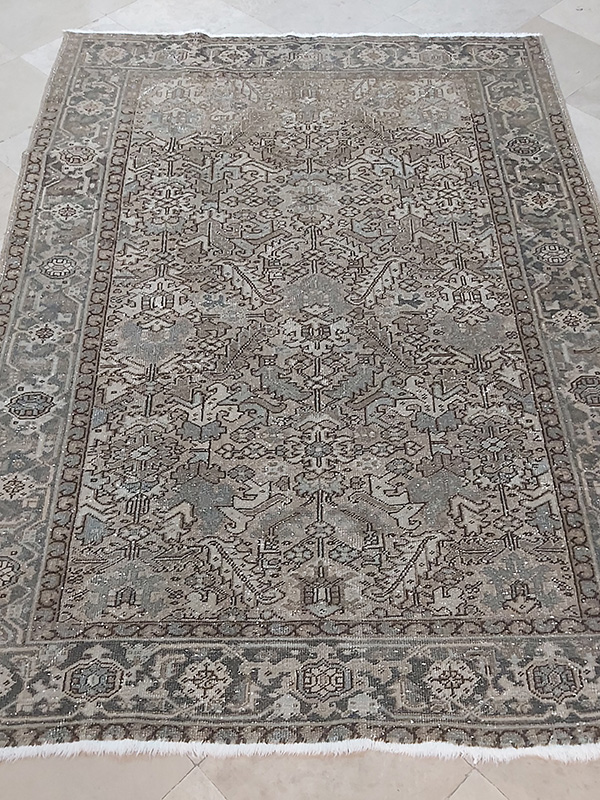 Vintage-Distressed-Persian-Tribal-Rug Vintage Distressed Persian Tribal Rug – Handmade Wool Carpet in Neutral Gray, Beige & Soft Earth Tones