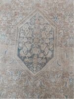 Vintage Distressed Beige Wool Rug | 7.4×10.4 ft  | Faded Medallion Antique Area Rug - Image 5