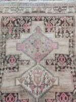 Vintage Distressed Ardabil Runner | 3.6×8.2 ft  | Muted Beige & Pink Geometric Carpet - Image 2